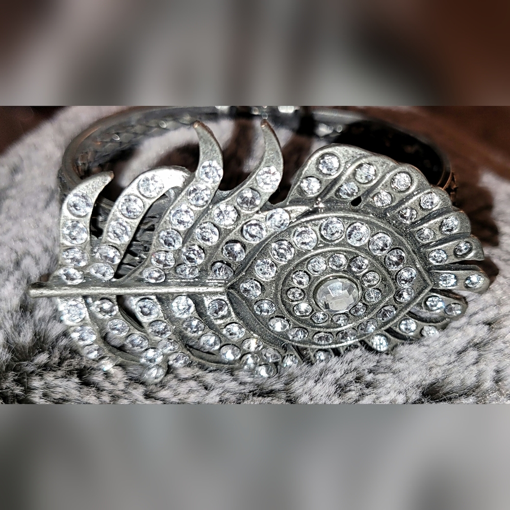 Beautiful Hinged Cuff Bangle Rhinestone Feather B… - image 1
